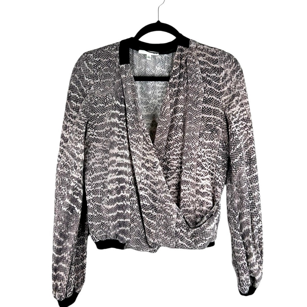 ROI Silk Snakeskin Brown & Black Flowy Deep V-Neck Long Sleeve Top Size Small